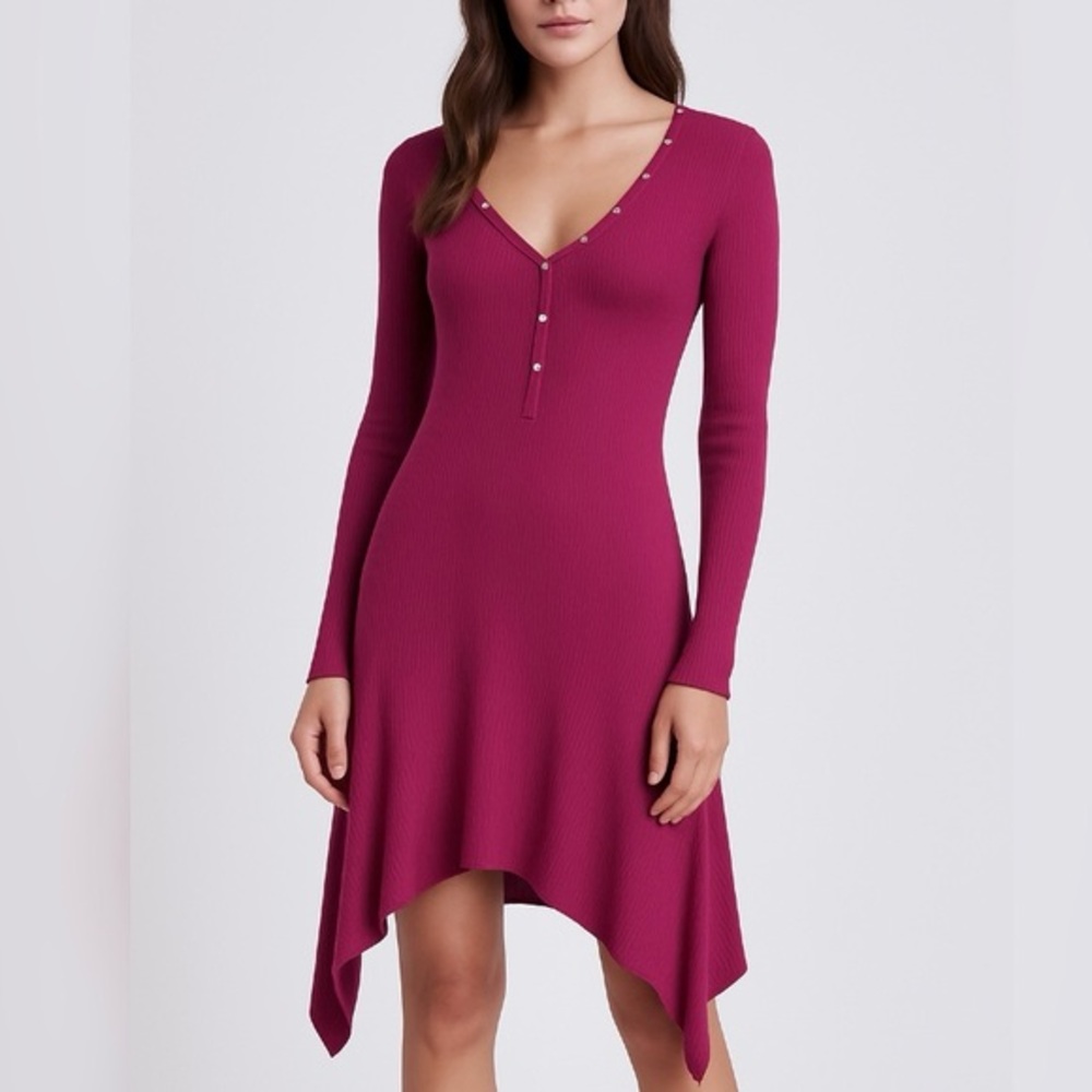 Venus Magenta Purple Sharkbite Asymmetrical Knit Dress XS Long Sleeve Chic